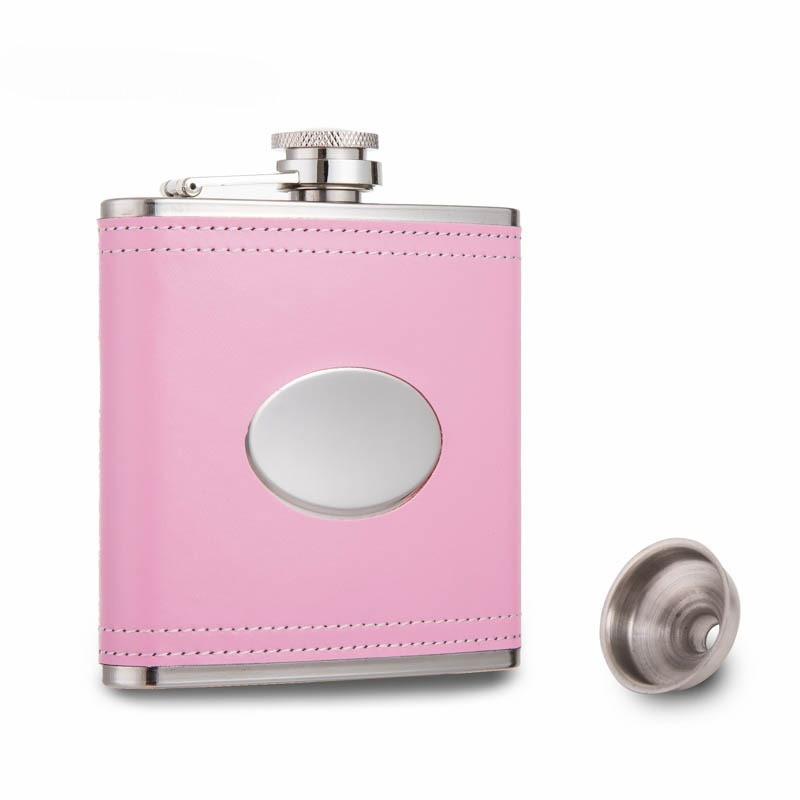 7oz personalized pink / brown/black  leather 18/8 stainless steel hip flask with funnel ,food degree