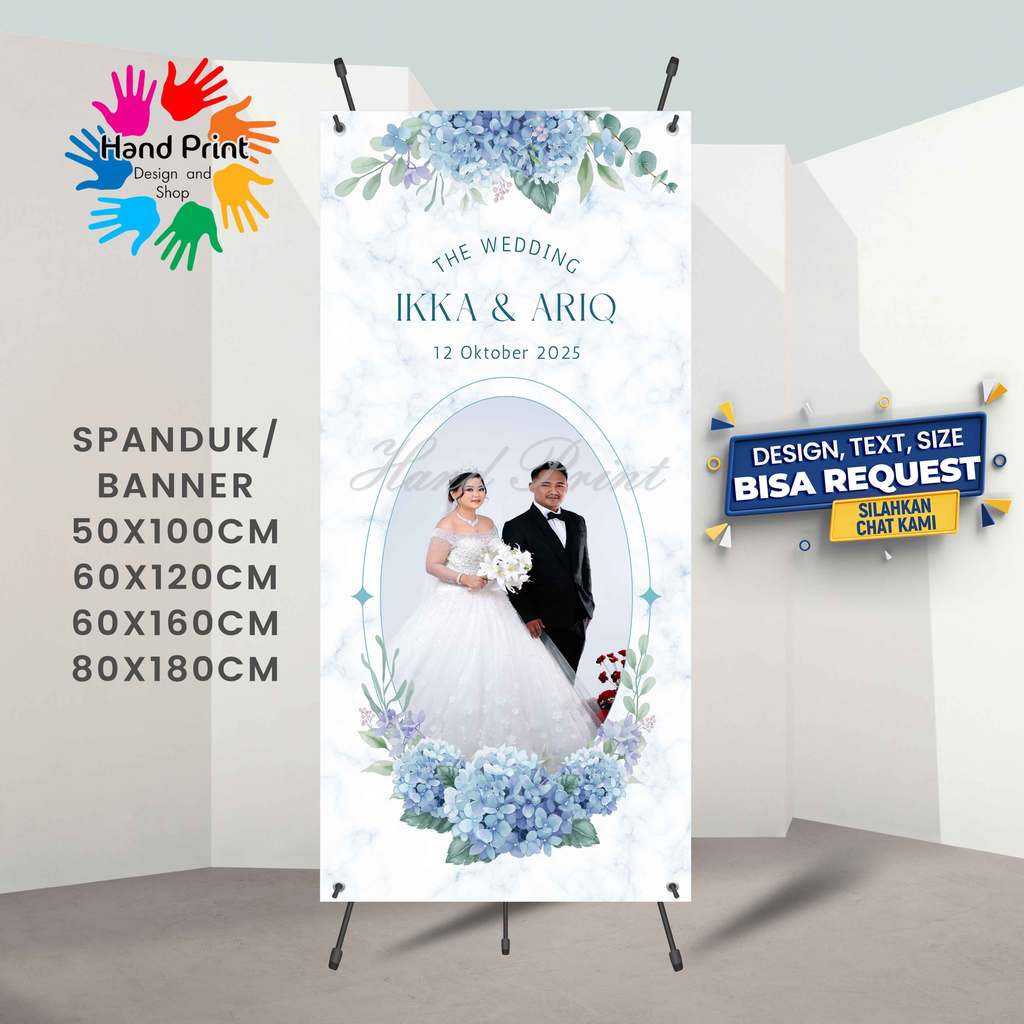 Cetak Spanduk Banner The Wedding Putih Biru Estetik  MMT Spanduk Custom 60x160