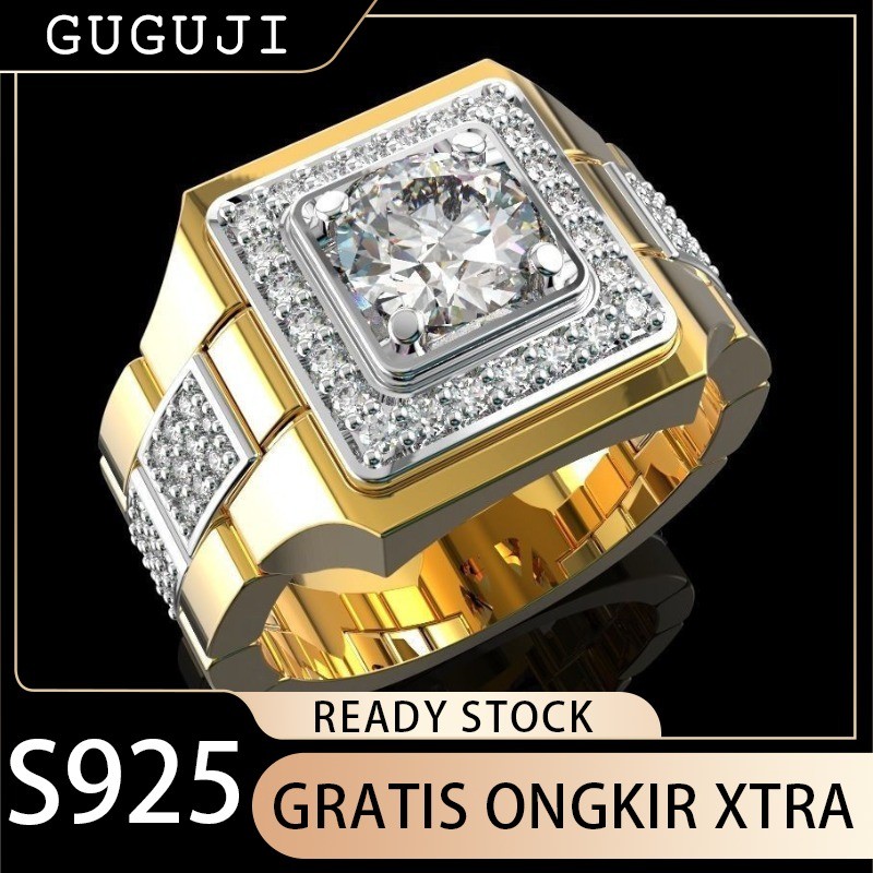 GUGUJI Cincin Jam Tangan Moissanite Simulasi Baru untuk Pria Cincin Pertunangan Dua Warna Emas 18k E