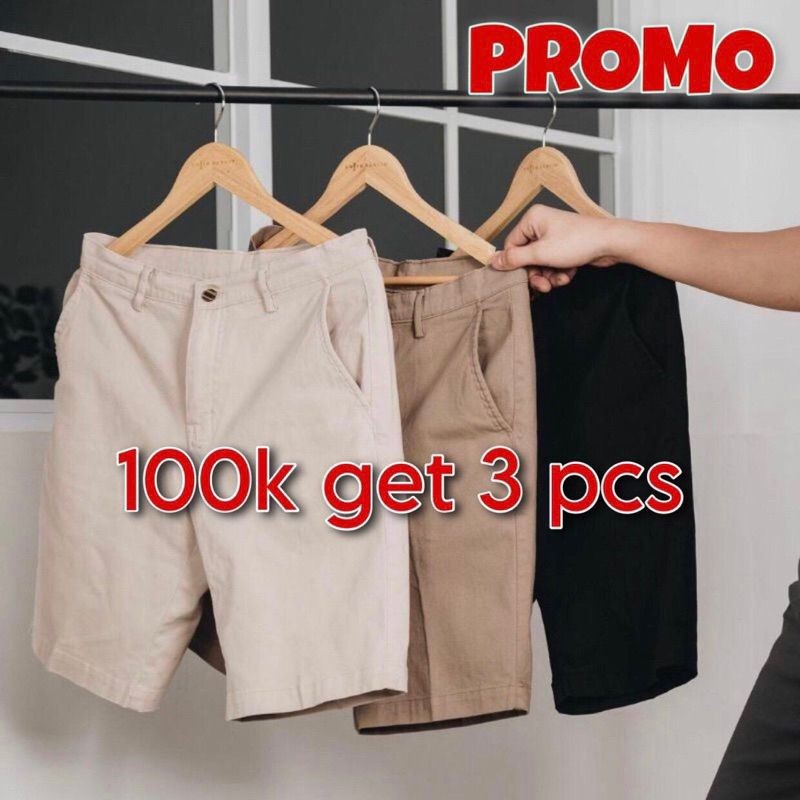 100 rb 3 pcs Celana Chinos pendek bahan non street tidak melar Chino pria