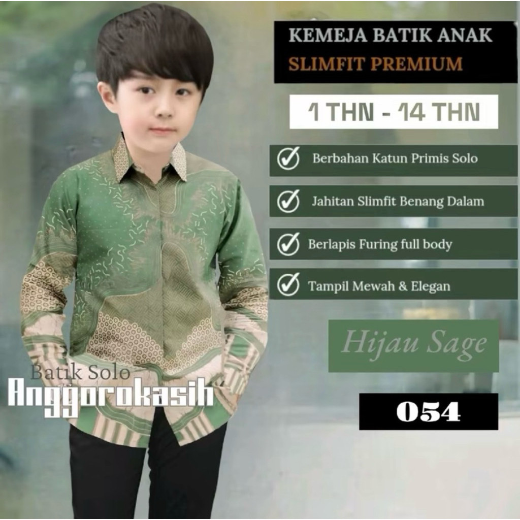KOKKISHOP  Kemeja Batik Anak Cowok Hijau Sage Lengan panjang Furing Dalam