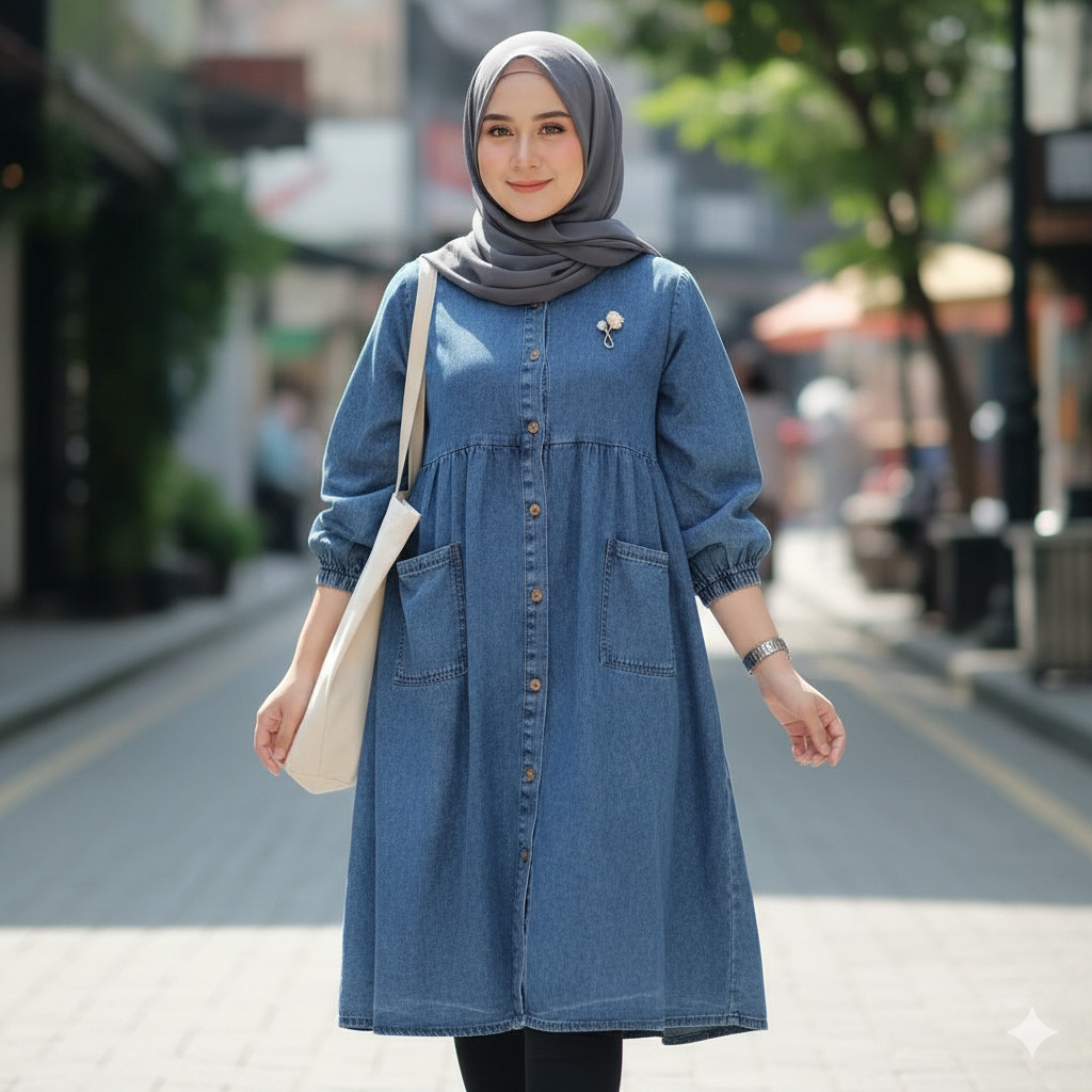 ZAHRA Baju Tunik Jeans Atasan Midi Bahan Jeans Tebal Tidak Kaku Ukuran XL LD 110