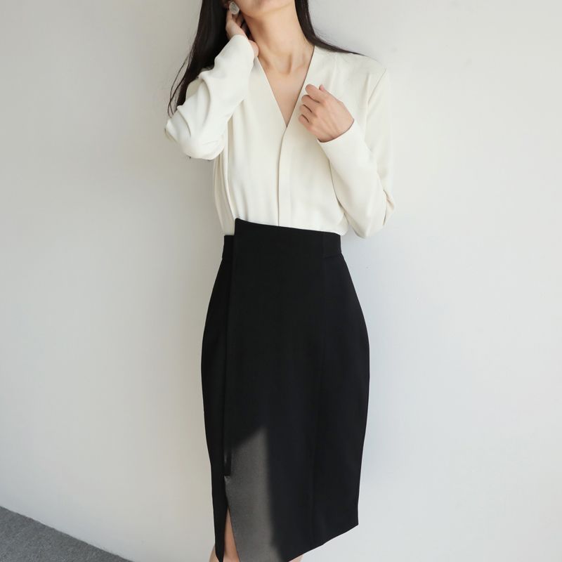 Kemeja Lengan Panjang Kemeja Fashion V-Neck Top-OL Wanita