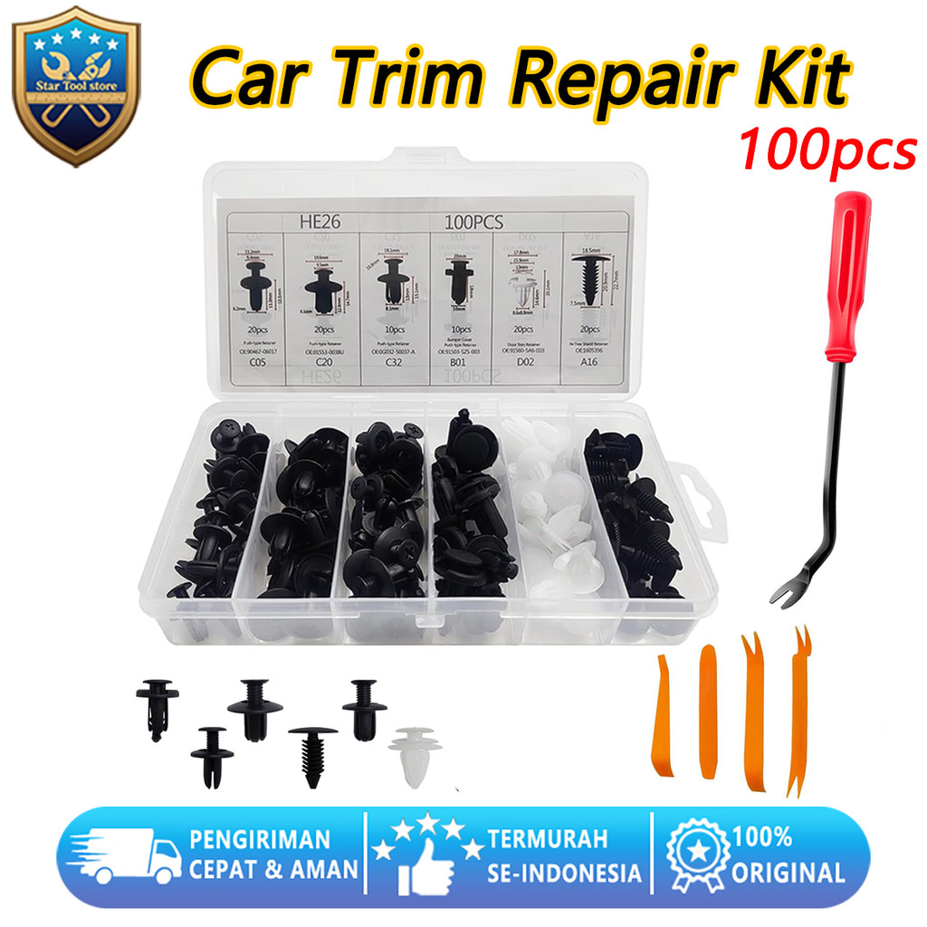 Kit Klip Mobil 100Pcs - Klip & Retainer Multi Ukuran untuk Fender, Bumper, Pintu & Panel Trim Mobil,