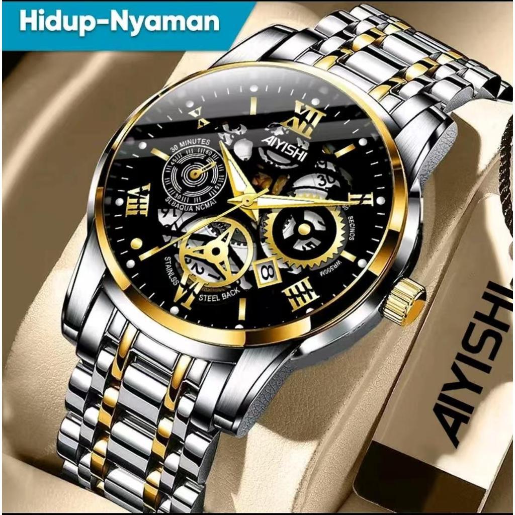 COD AIYISHI Jam tangan pria kuarsa tahan air tampilan elegan bercahaya, Jam tangan mekanik/Original 