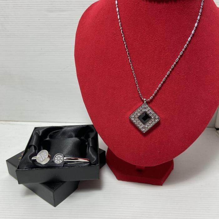 COD satu set kalung+gelang silver - titanium - permata hitam + box + sertifikat card Kartu Perhiasan