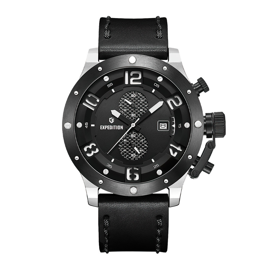Jam Tangan Pria Expedition Chronograph E 6381 MCLTBBA1 Black Dial Black Genuine Leather Strap