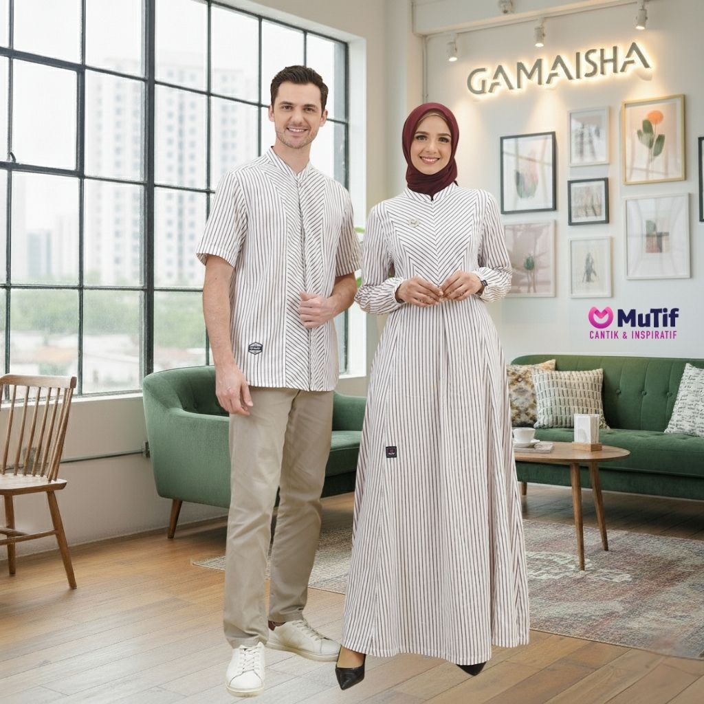 MUTIF Pasangan Couple Dewasa Adam Hawa Maroon Koko Tangan Pendek Gamis Stripe Garis Merah Putih