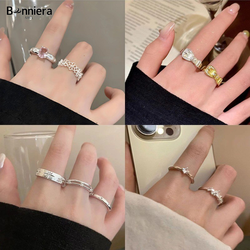 Murah&COD 2-4Pcs/Set Cincin Titanium Wanita Kupu-kupu Zirkon Cincin Bunga Cincin Berlian Imitasi Cin