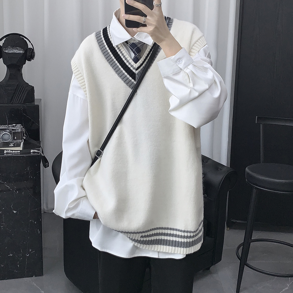 Sweater Vest Knitted Sleeveless V-Neck College Korean Style Fashion Casual in White and Black Color 