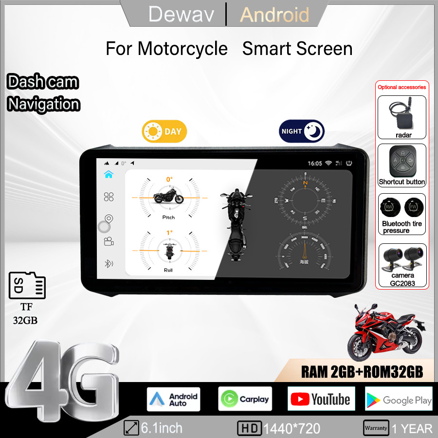 6.1-inch Motorcycle Android 4G Smart Navigation Screen Wireless Carplay IP67 Waterproof DVR Android 