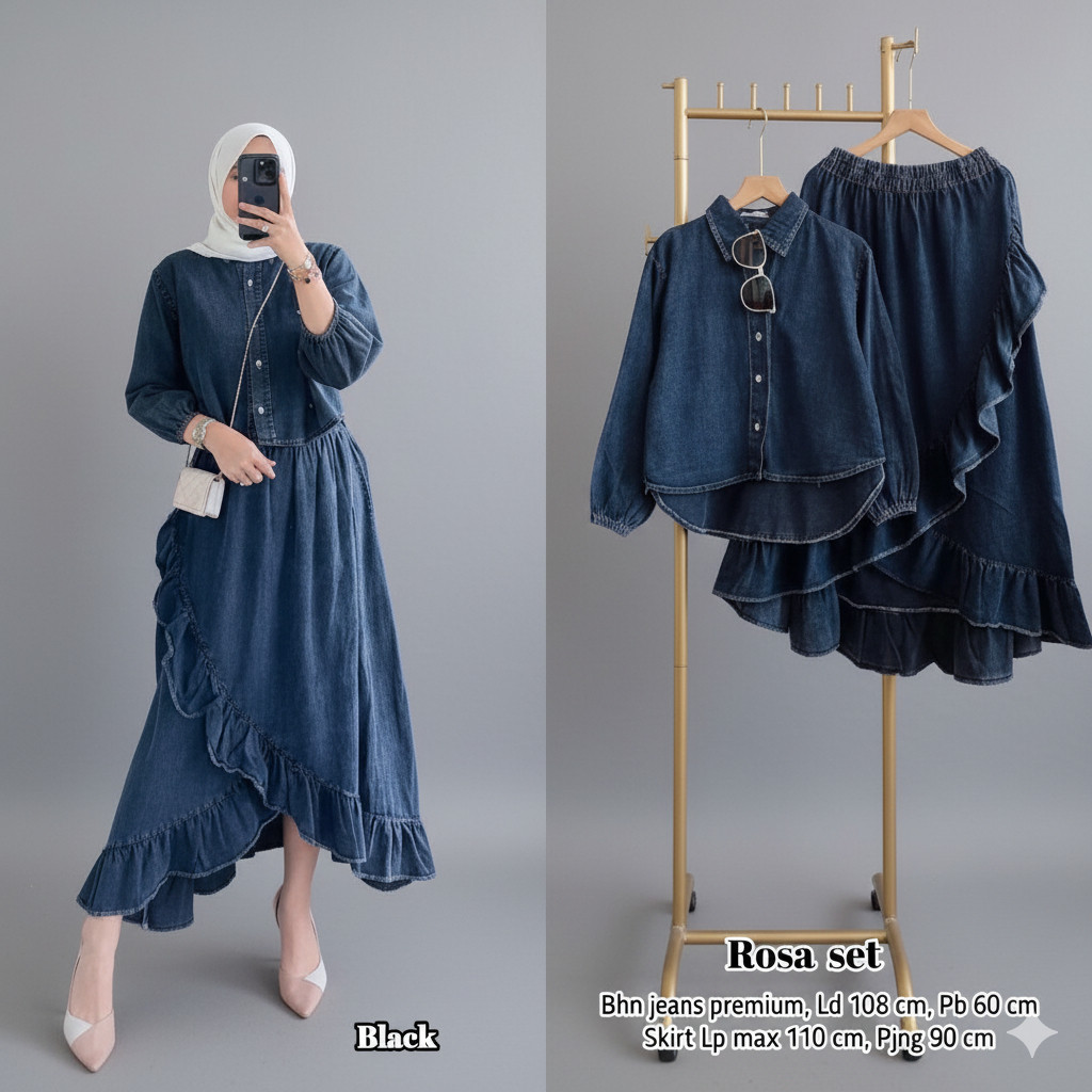 ROSA Set Rok Jeans Wanita Best Seller Fashion Muslim Wanita SETROK BLOUSE JEANS TEBAL UKURAN JUMBO