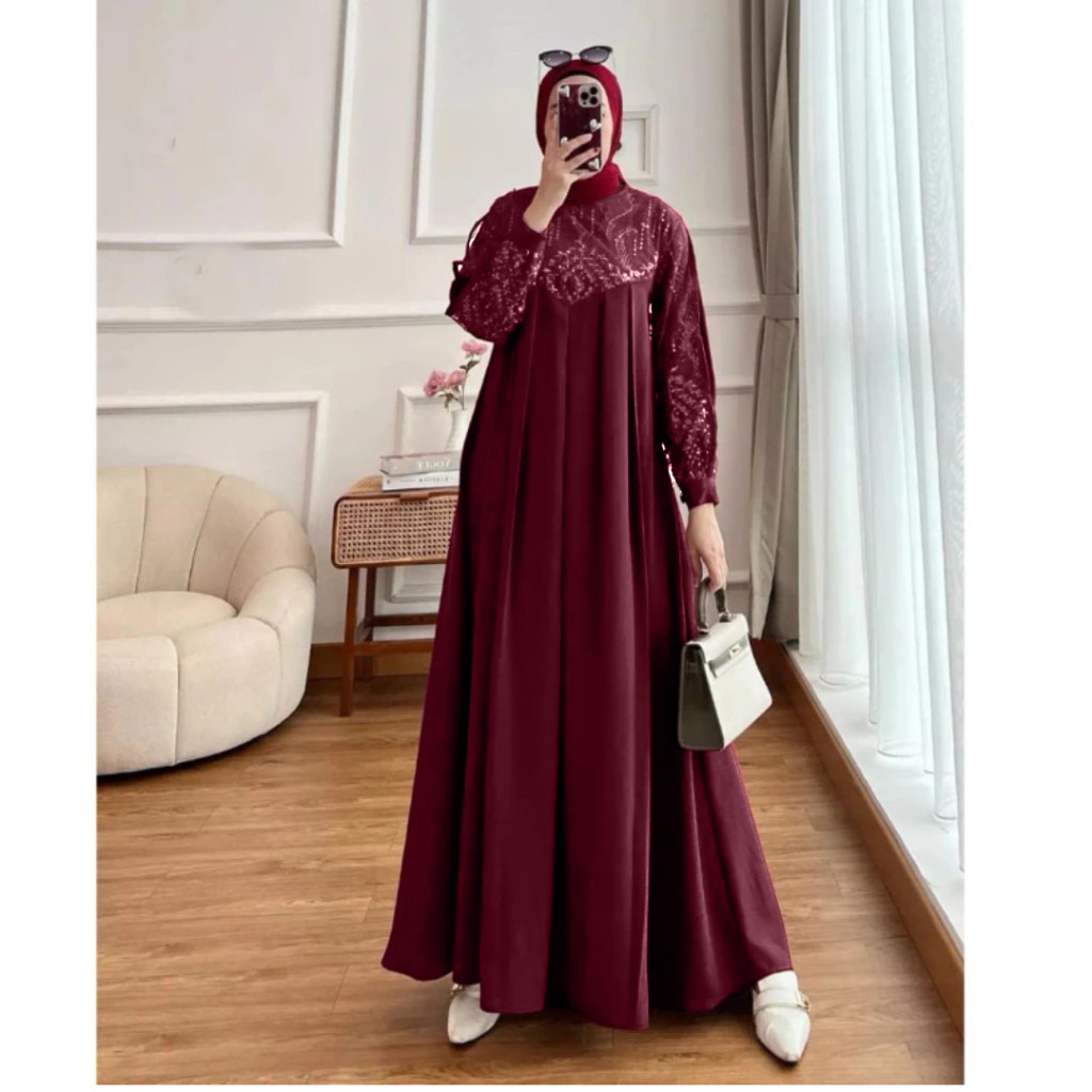 COMELLSHOP GAMIS WANITA AMEENA BAHAN CERUTY BABYDOLL MIX BRUKAT TILE DRESS KONDANGAN GAMIS WARNA HIJ