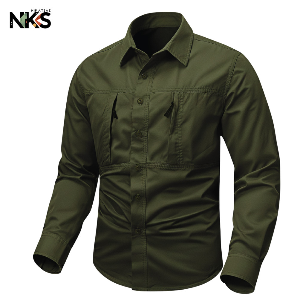Kemeja Tactical Pria Hijau Army / Kemeja Tactical / Baju Tactical / Kemeja Tactical Lengan Panjang