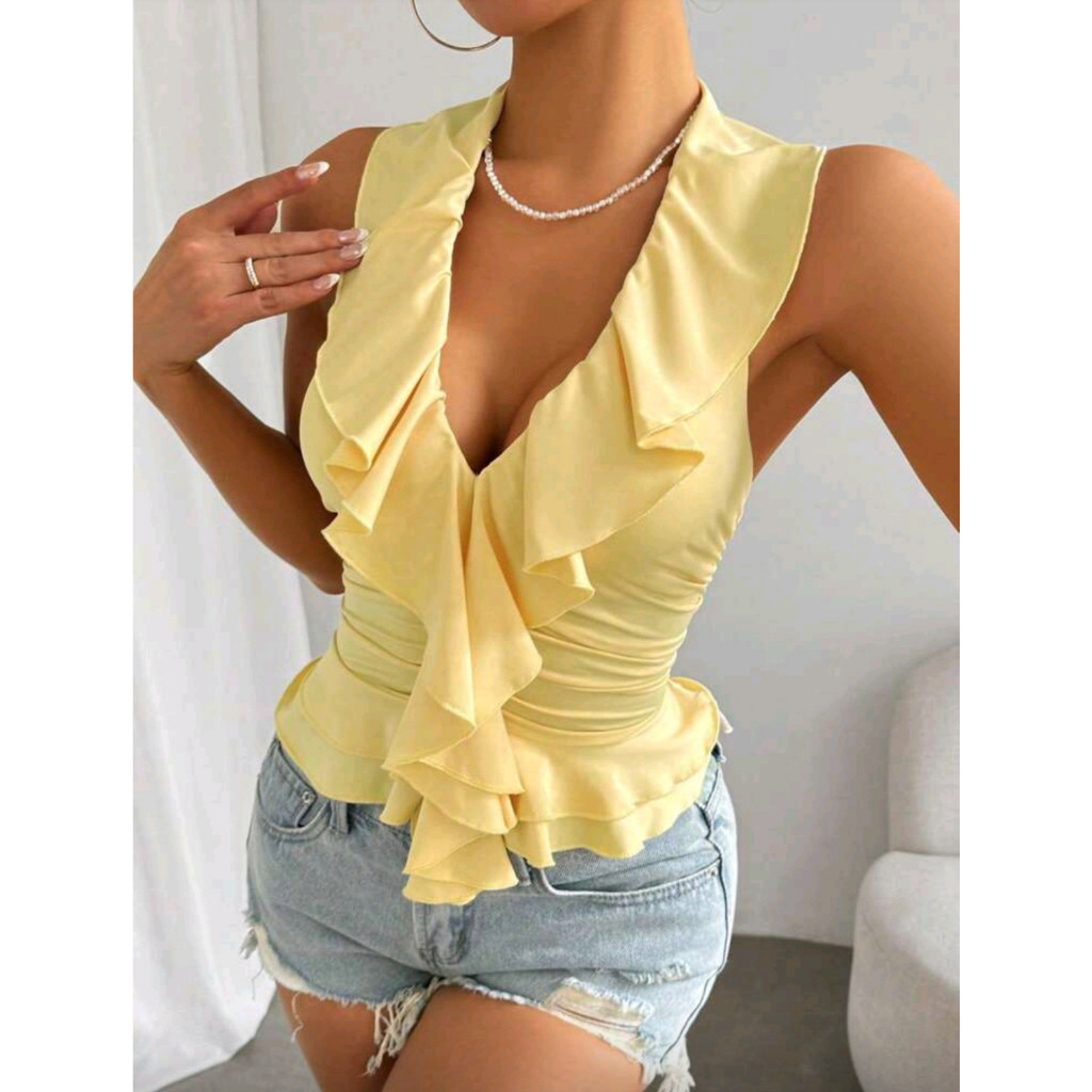 Chiquase Women's Summer Solid Color Ruffle Trim Slim Fit Halter Neck Tank Top