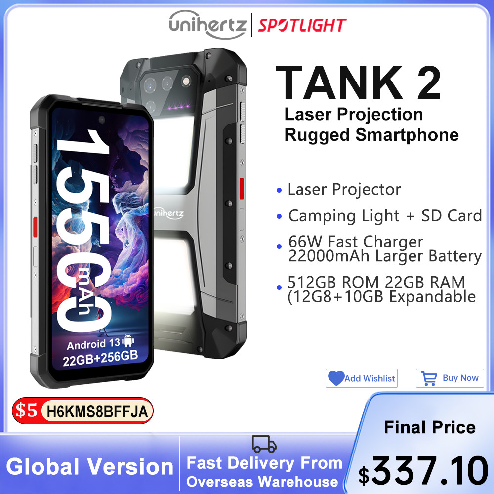 Unihertz 8849 tank 2 projector powered smartphone 22GB 256GB camping light cellphones 108mp G99 64MP