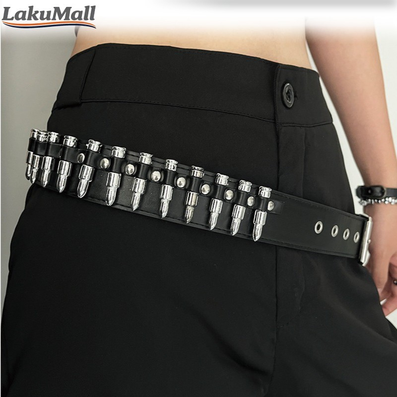 Sabuk Kulit Punk dengan Rivet Berongga Desain Peluru untuk Pria Wanita Fashion Belt Gaya Rock