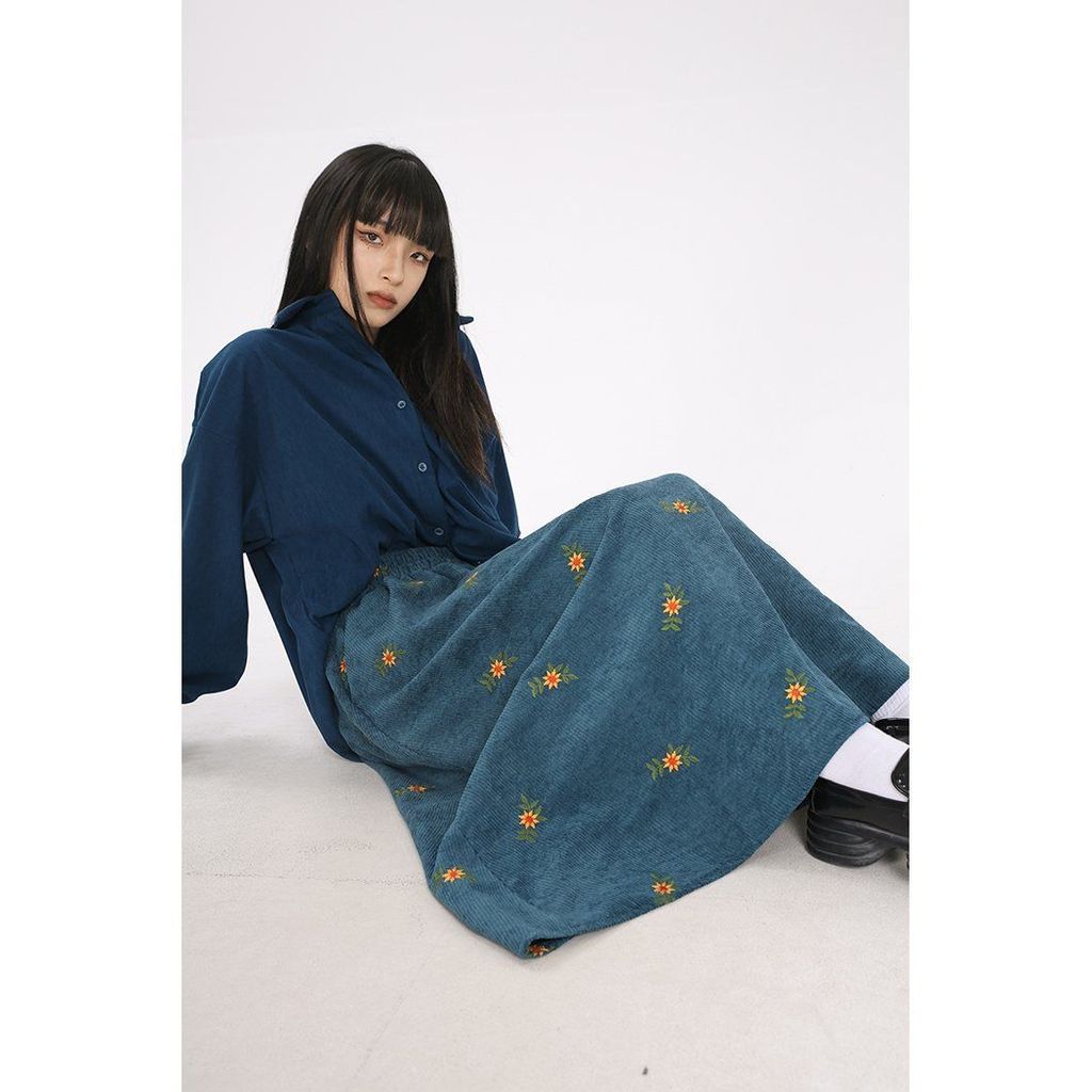 Chu Ran COD  Rok A-Line Corduroy Retro Gaya Baru 2025 Gaun Maxi Motif Bunga Bordir