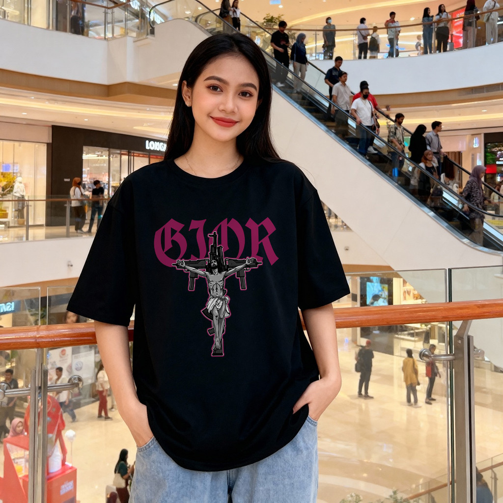 Distro Original 100% Jesus Christ Machine Gun Cross Kaos Wanita Oversize Santai Pakaian Atasan Wanit