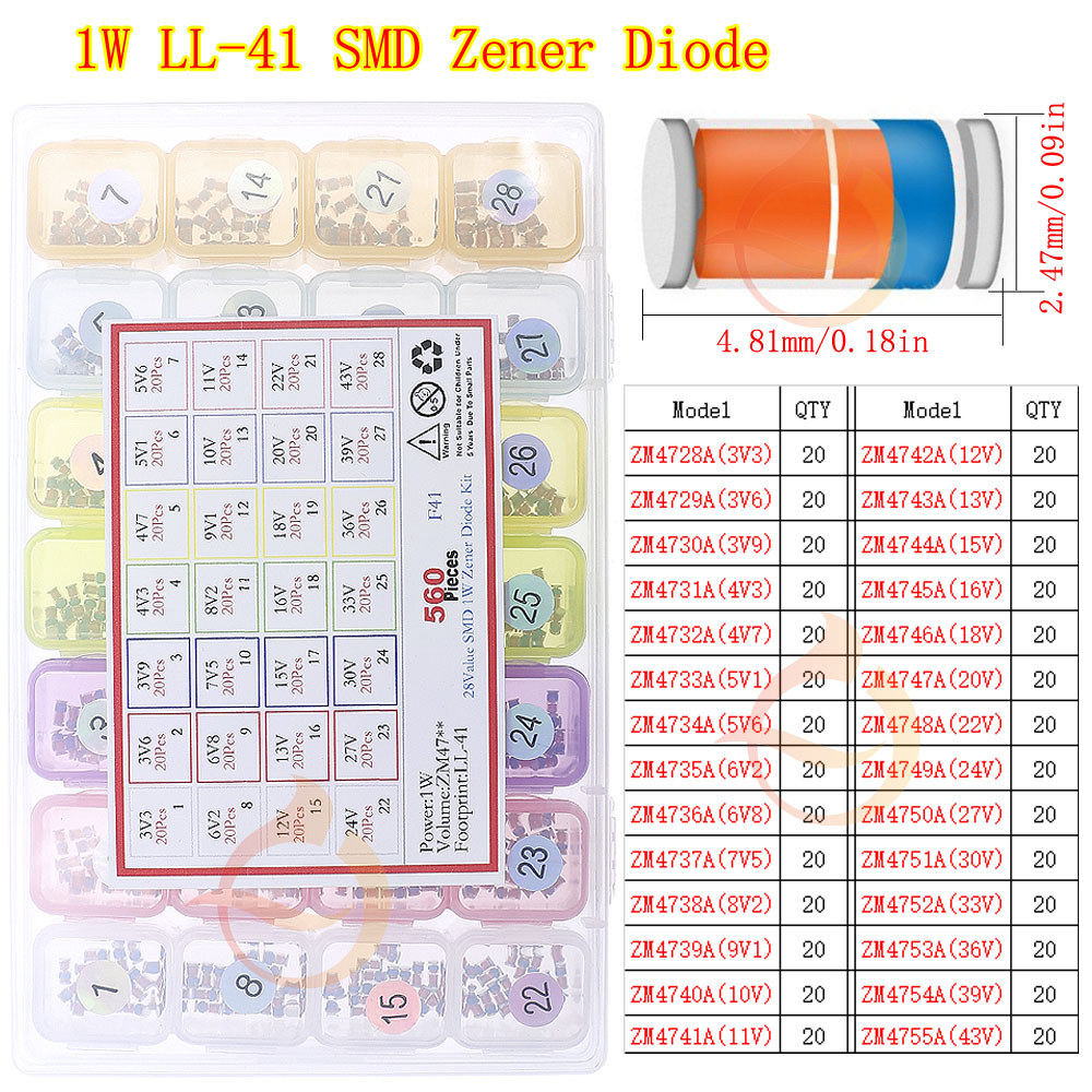 560pcs 28Value 1W SMD Zener ode kit LL-41 3.3V 3.9V 4.3V 4.7V 5.1V 7.5V 8.2V 9.1V 10V 12V 13V 15V 18