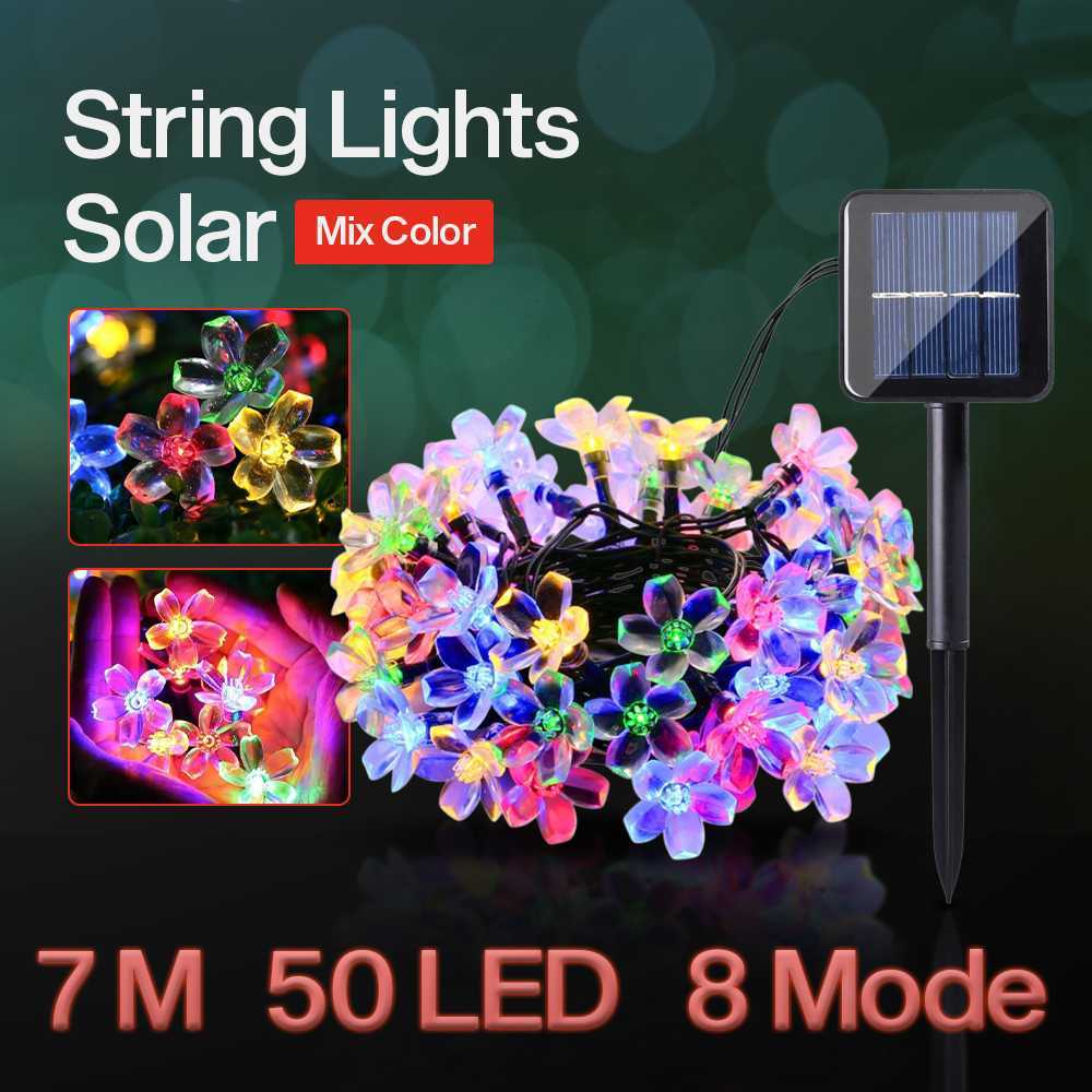 Lampu Hias String Lights LED 50 Titik Panjang 7 Meter Tenaga Panel Surya Solar Powered 8 Mode Cahaya