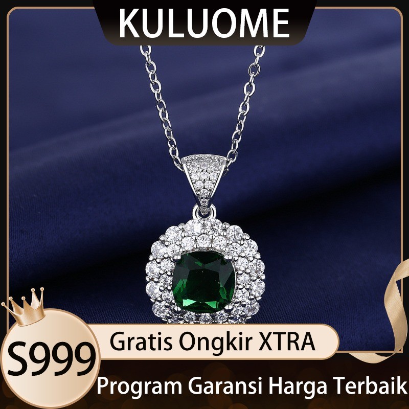 KULUOME Kalung Liontin Batu Permata Zamrud Mewah Eropa dan Amerika = Perhiasan Wanita Berlian Penuh 