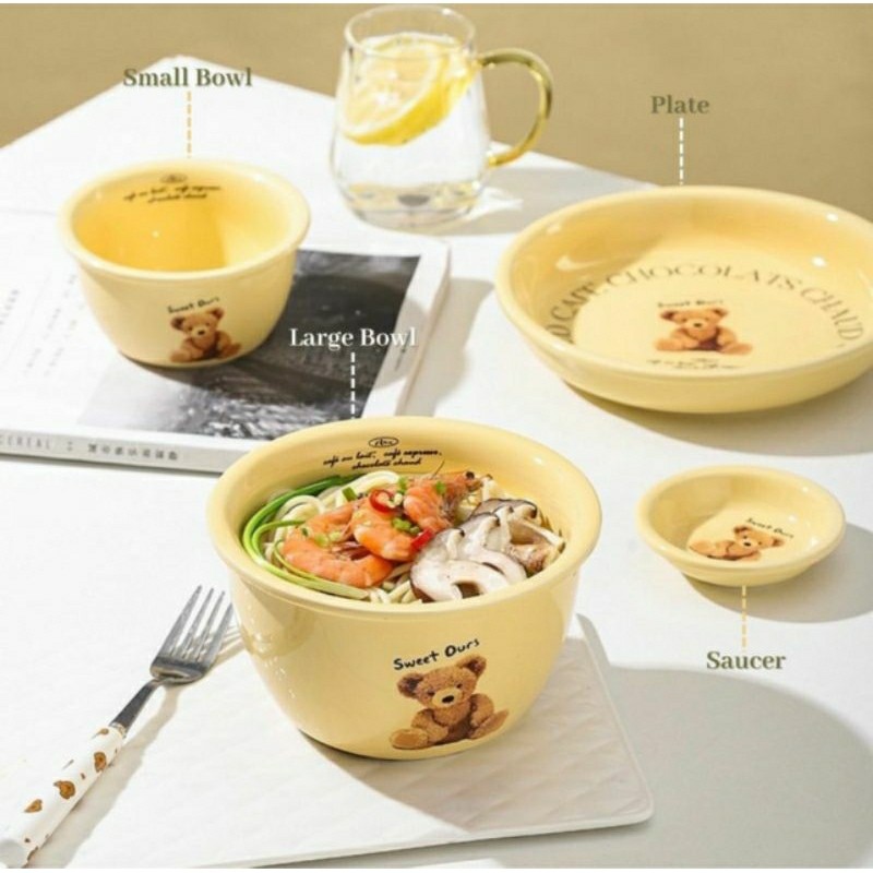 BEAR Korean Aesthetic Bear Set Plate Bowl Glass / Piring Gelas estetik / Piring Beruang / Mangkok Ko