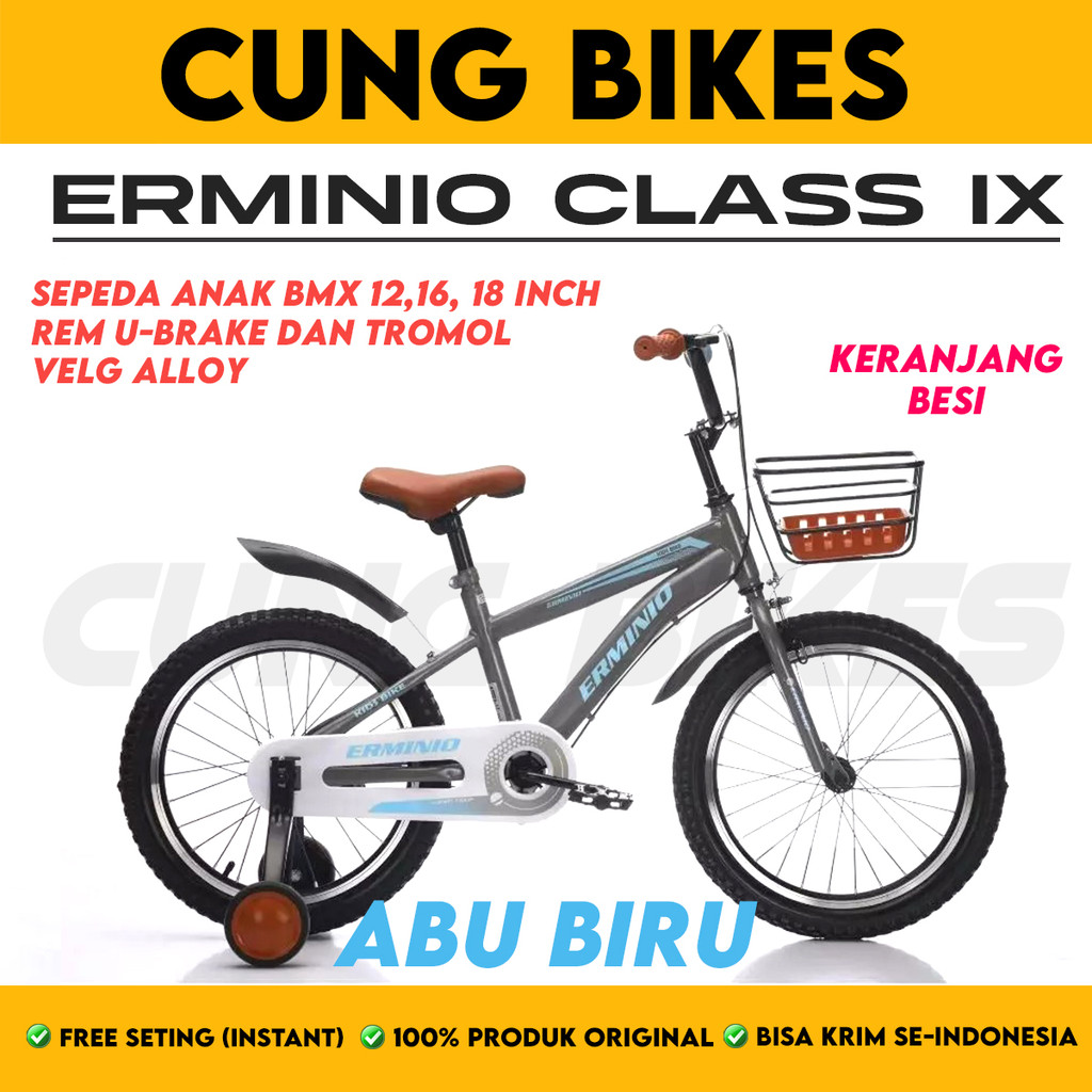 Sepeda Anak Laki Perempuan BMX Ukuran 12 16 18 Inch ERMINIO CLASS IX keranjang besi