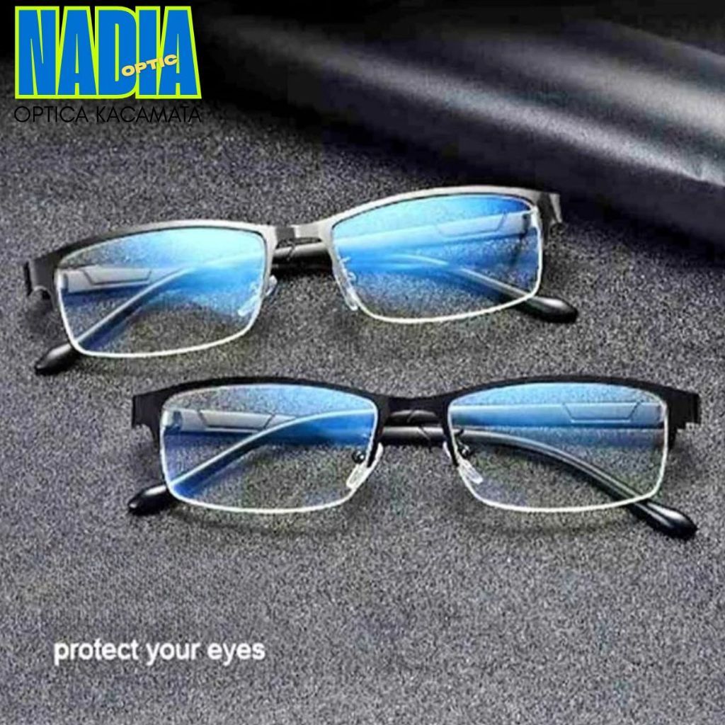 KACAMATA PLUS BACA LENSA BLUERAY FRAME BESI PRIA WANITA KACA MATA ANTI RADIASI - NADIA OPTIK - OPTIK