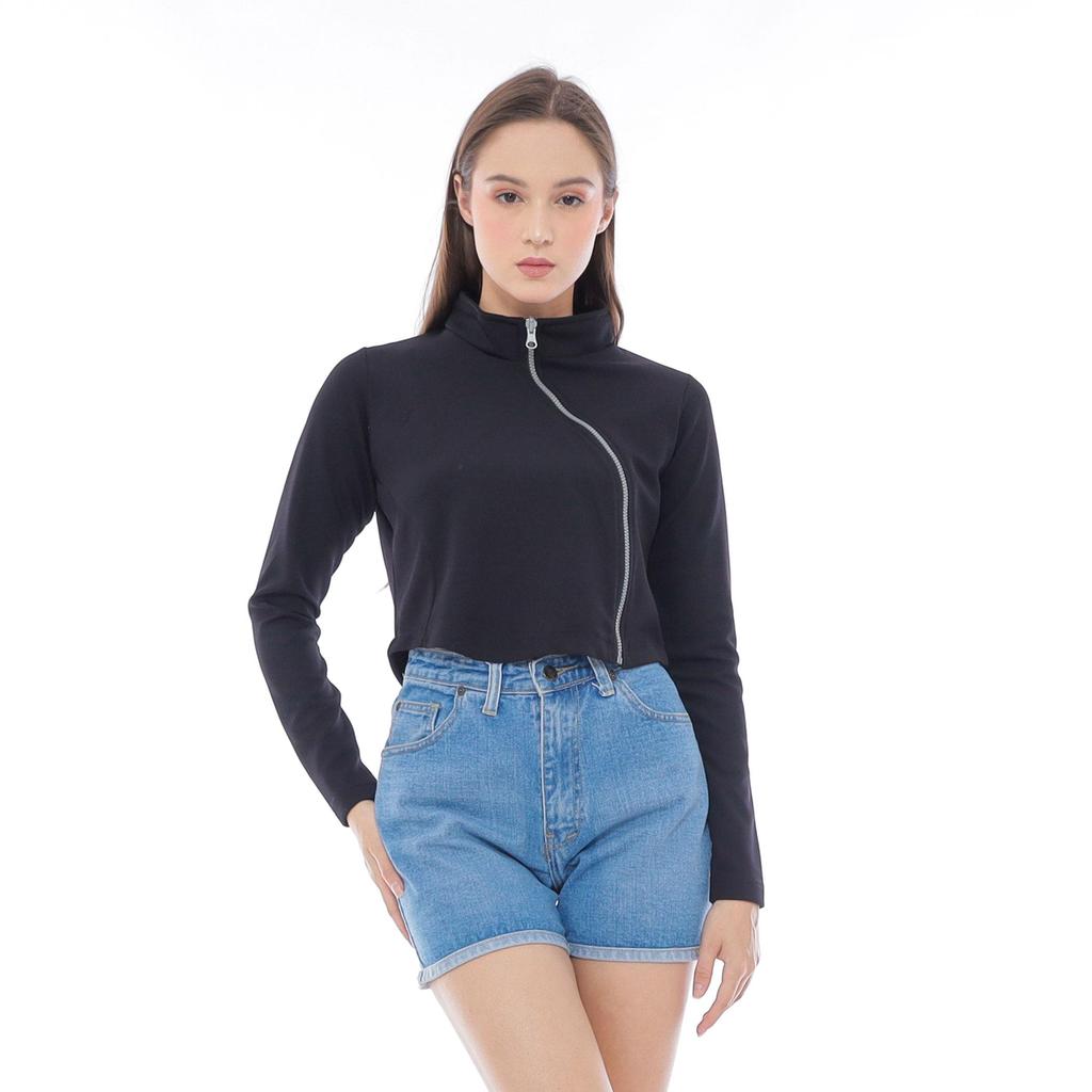 Enough For Today - Velo Jaket Crop Turtleneck Zipper Asimetris Polos Basic Rib Knitted
