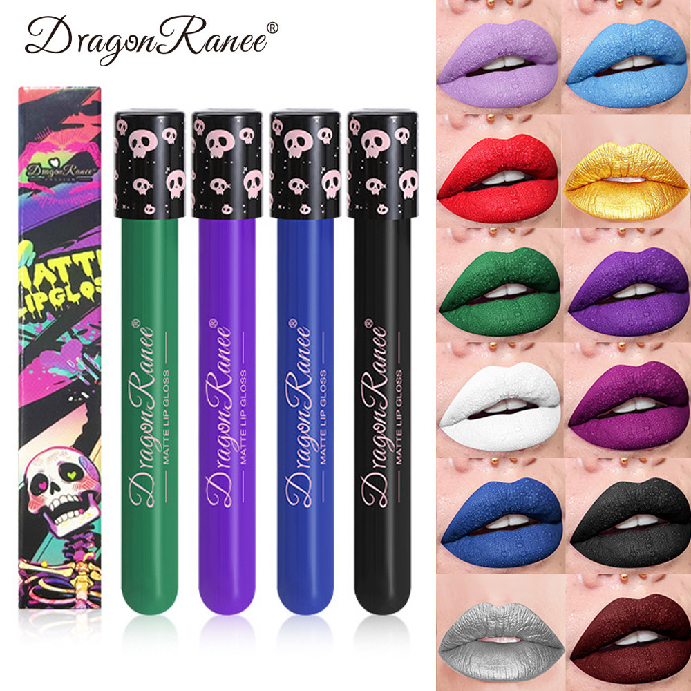 Lipstik Lip Gloss Halloween, Pigmen Bibir Lipstik Matte Hitam Hijau Ungu, Pelembab, Warna Natal 12 W