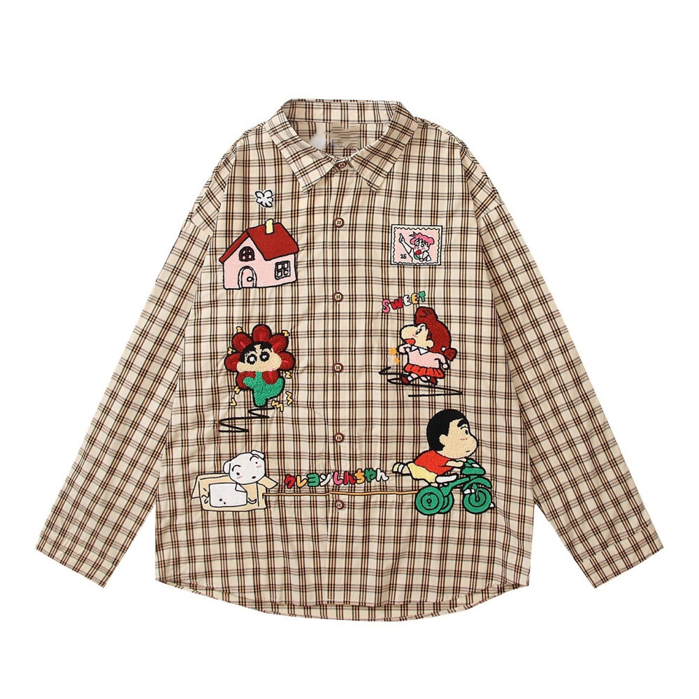 Kemeja Lengan Panjang Retro Kotak-kotak Berumbai Kasual Wanita | Motif Crayon Shinchan | Bahan Nyama