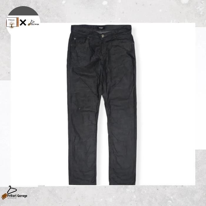 Raw Denim Jeans Coated Yishion Straight Fit Dark Grey Glossy Color 34