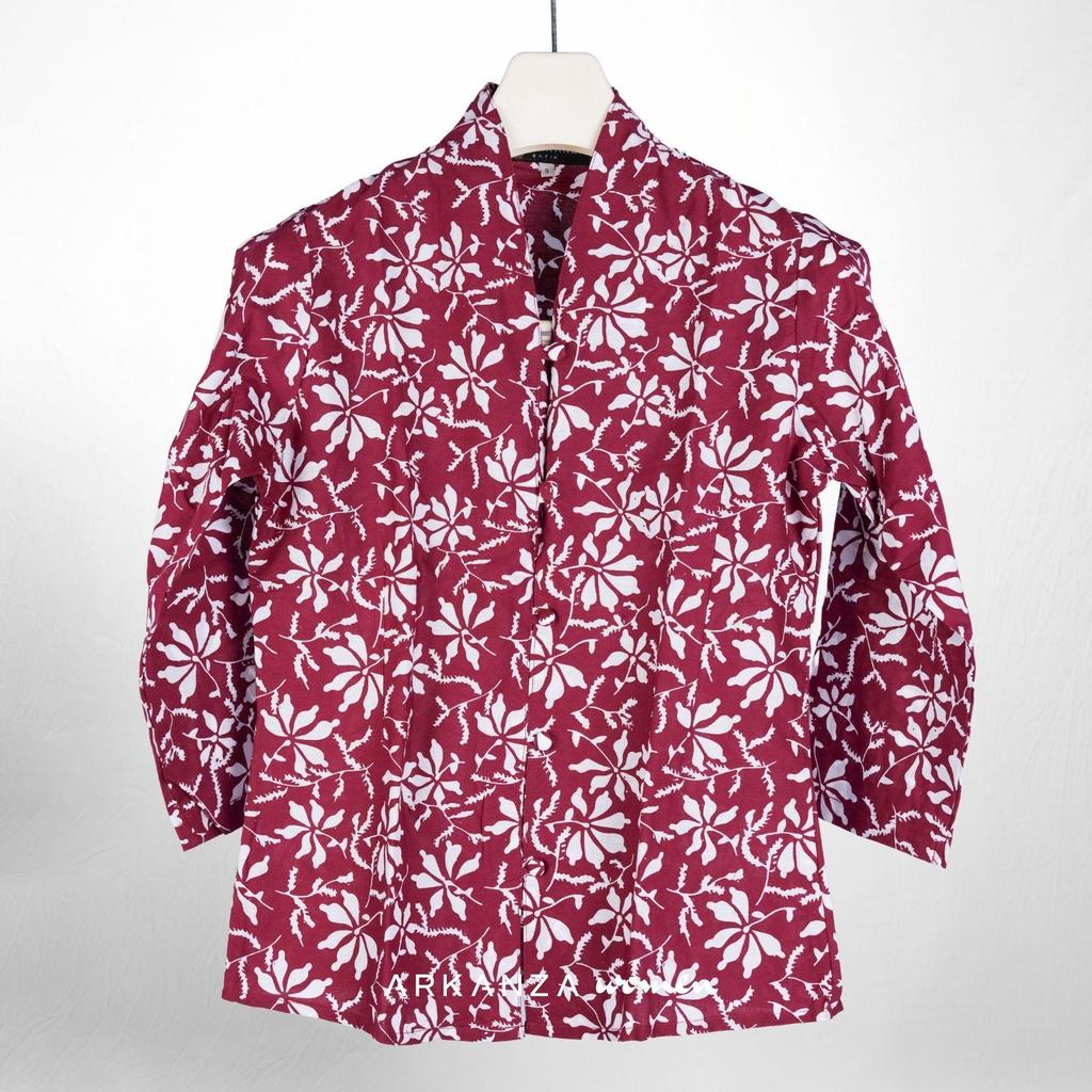 ARKANZA WOMEN Kemeja Batik Cap Hestia 3/4 Melati Kuning Atasan Kebaya Wanita Katun Modern Lengan Pan