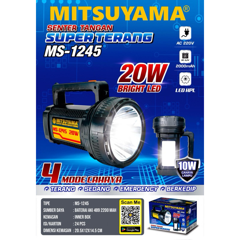 cod promo murah paket diskon% MS-1245 SENTER TANGAN SUPER TERANG 20W 4MODE CAHAYA SENTER MITSUYAMA k