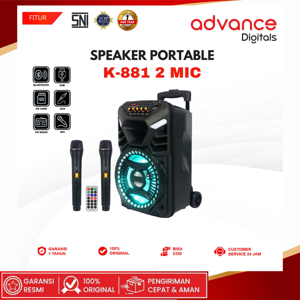 ADVANCE K881 Speaker Portable Free 2 Mic Wireless Powerfull Bass