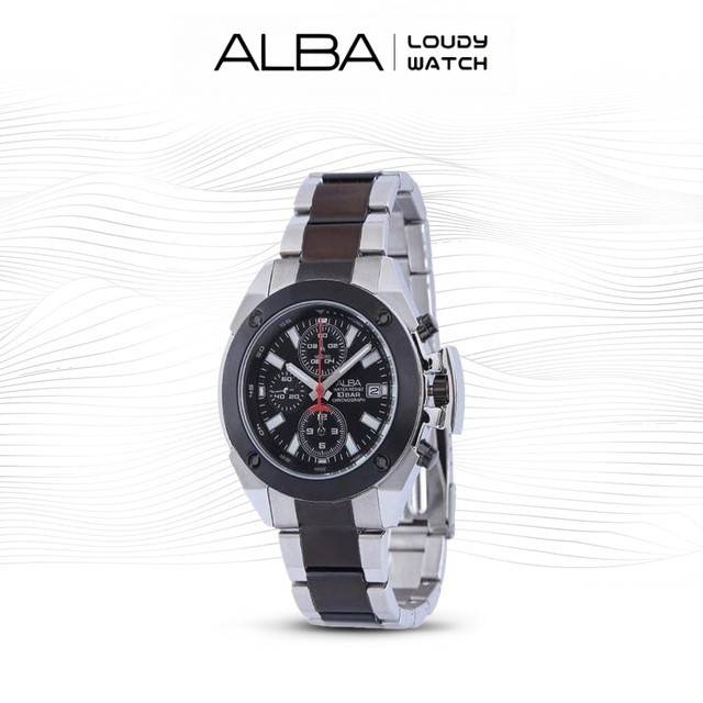 ALBA AF8M19 Jam Tangan Pria Quartz Black Dial Two Tone Silver-Black Stainless Steel Strap Watch