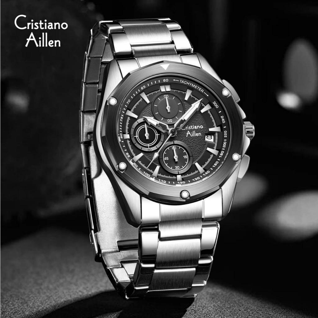 Cristiano Aillen 8899 Jam Tangan Pria wanita Analog Rantai Stainless Steel Chronograph Kaca Sapphire