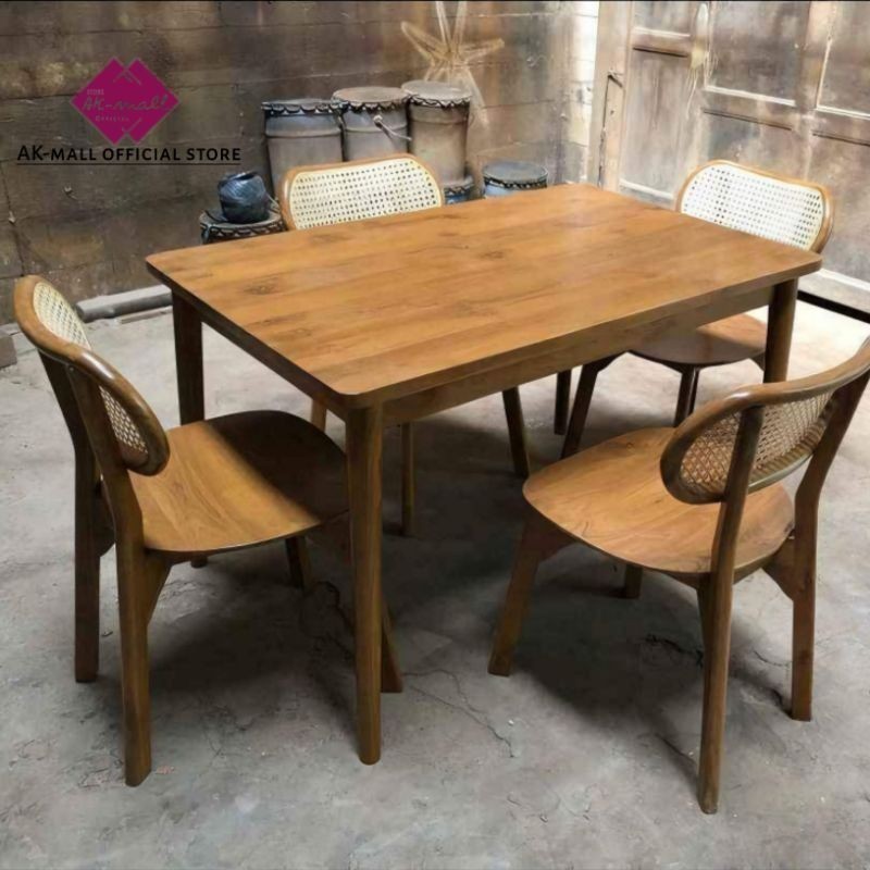 Meja makan minimalis meja kursi cafe kayu jati kombinasi rotan asli