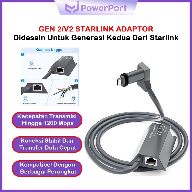 Powerport Starlink Network Ethernet Adaptor V2 / Adaptor Starlink Gen 2 Adapter Lan Starlink V2/Gen 