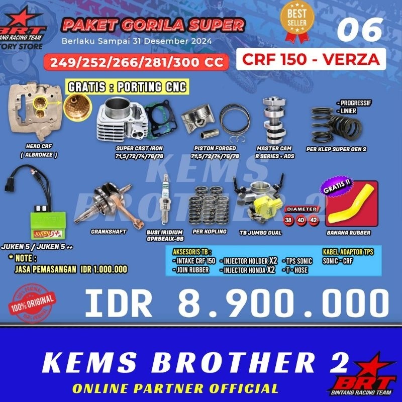 PAKET BORE UP CRF BRT GORILA SUPER 6 KOMPLIT ORIGINAL BRT (Head Blok Piston Kit Cam Per Klep Per Kop