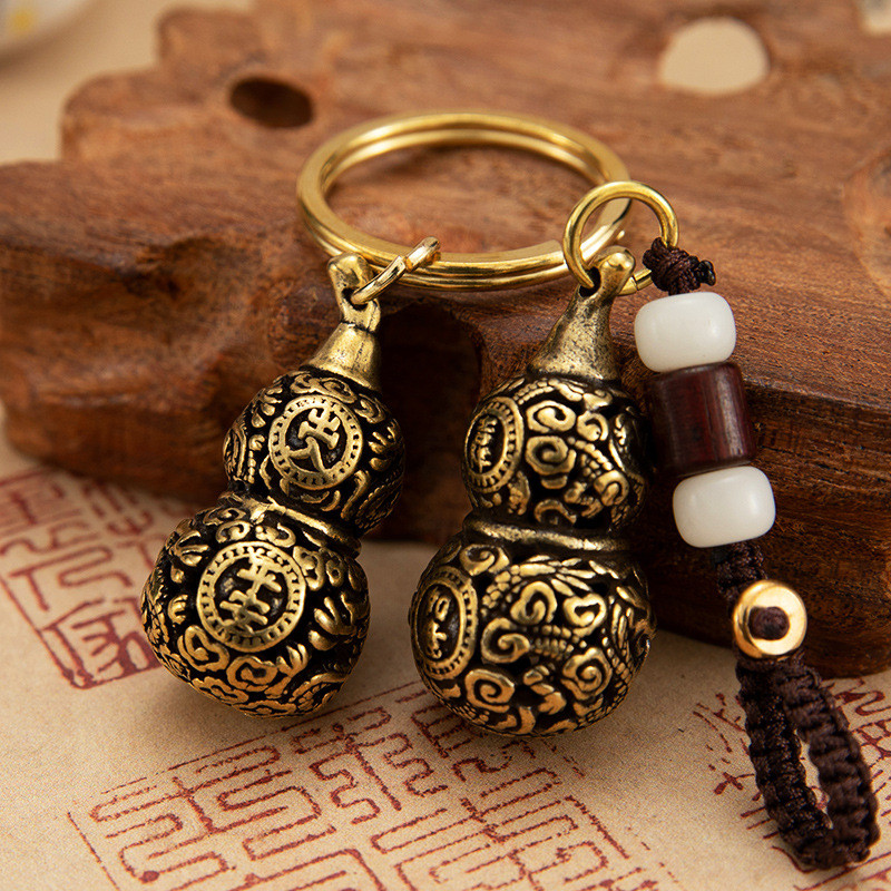 Pure Brass Auspicious Cloud Dragon Gourd Car Pent Auspicious Ruyi Fulu Braided Rope Buckle Ring Key 