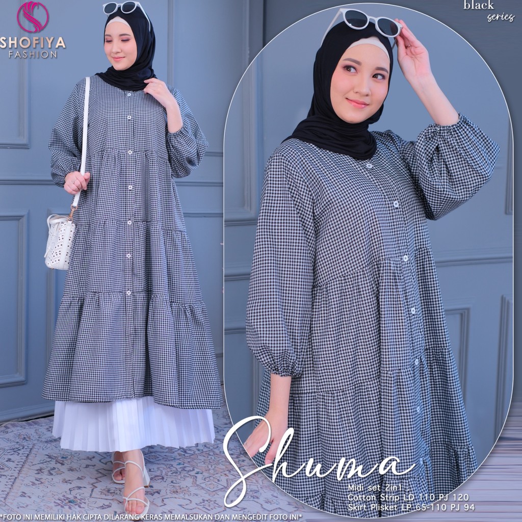 SHOFIYA OFFICIAL STORE SHUMA MIDI DRESS WANITA MUSLIM TERBARU KATUN KOTAK KOTAK DAN STRIPE