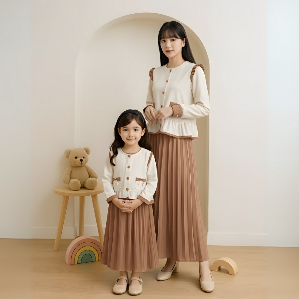 Najwa - Oneset Couple Lamira Ibu dan Anak Cardigan Pita dan Dress Plisket Terlaris / Fashion Couple 