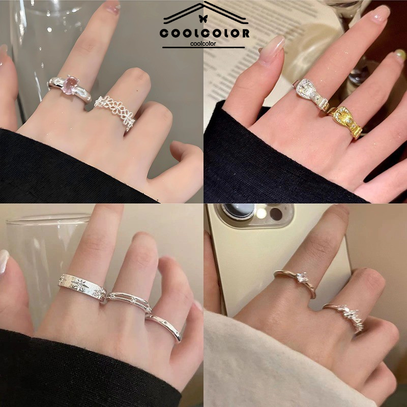 COD 2-4Pcs/Set Cincin Titanium Wanita Kupu-kupu Zirkon Cincin Bunga Cincin Berlian Imitasi Cincin Ja