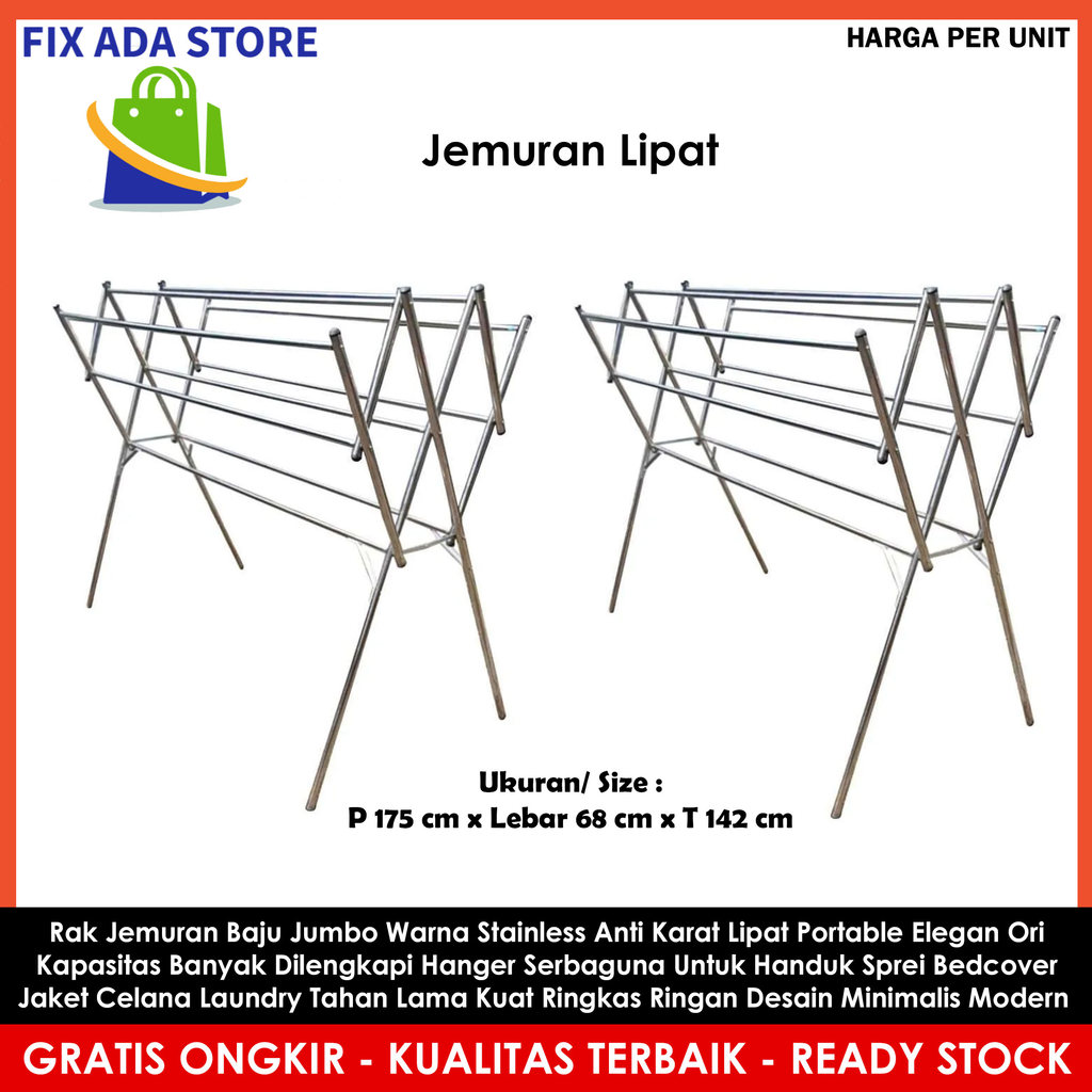 Rak Jemuran Baju Jumbo Warna Stainless Anti Karat Lipat Portable Kapasitas Banyak Dilengkapi Hanger 