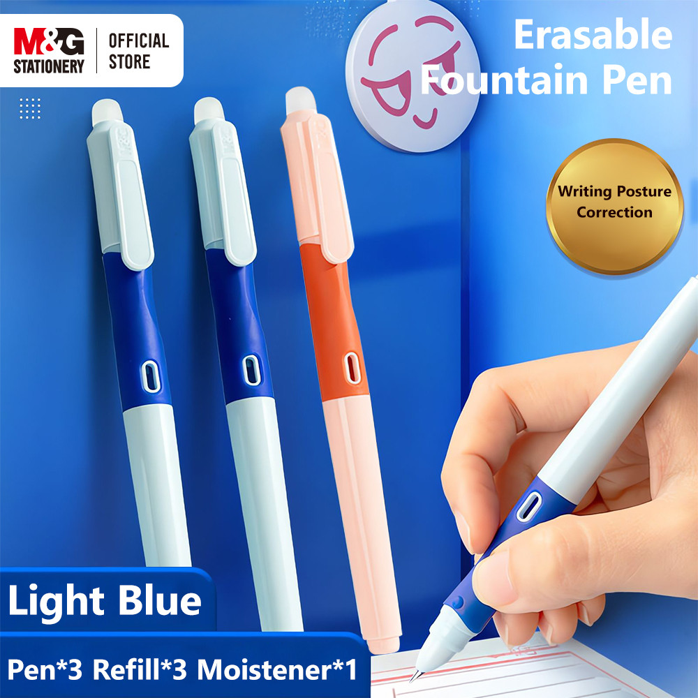 M&G Erasable Fountain Pens  (Pen*3, Lubricator, 3.4 Caliber Ink Sac*3) Blue Student Practice Pen Upr