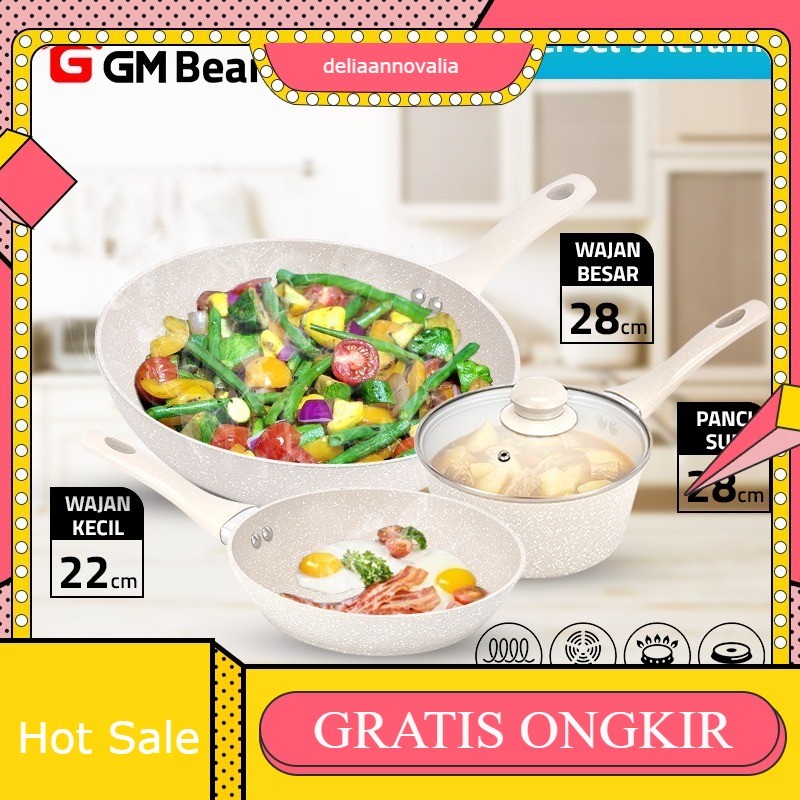 Bear Panci Set Cookware P0411 - Wajan Penggorengan Keramik Granit Putih 3Pcs Dengan Tutup Anti Lengk