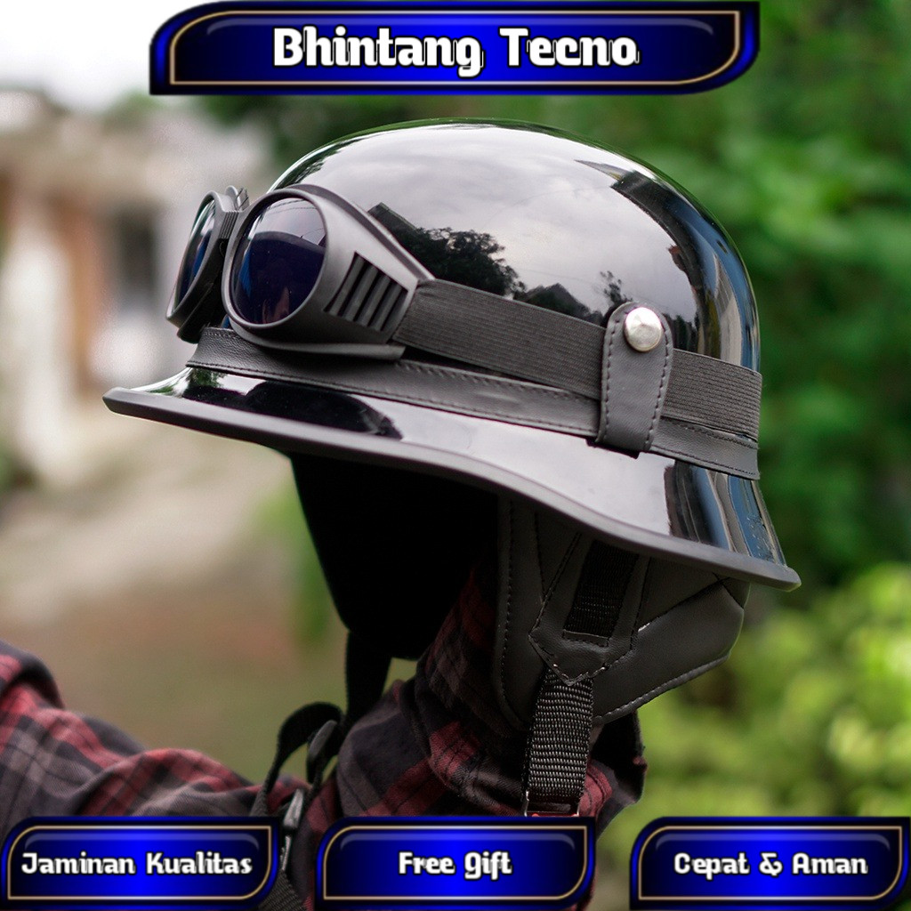 Helm retro millenial  RETRO HITAM GLOSY kombinasi Kacamata/helm retro chips NAZI/ helm nazi chips /h