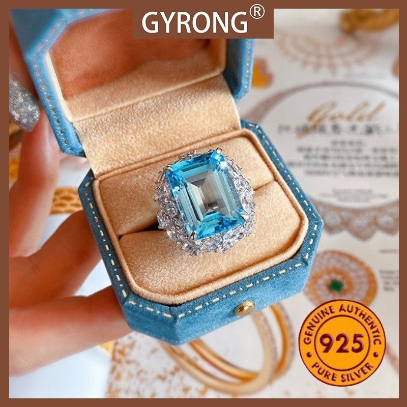 GYRONG Cincin Terbuka Topaz Biru Laut Mewah Fashion yang Indah